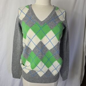 Gap Argyle Diamond Pullover V-neck Women's Small Lambs Wool Blend Gray Green NWT